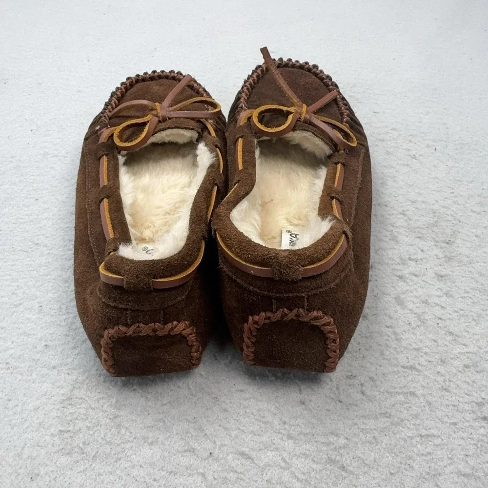 Minnetonka Slippers Kids Size 2 Brown Suede Faux Fur Lined Moccasins 4812